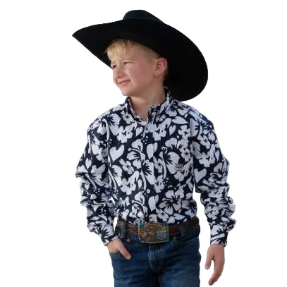 Cinch Boy Long Sleeve Button Down Print Shirt - Navy