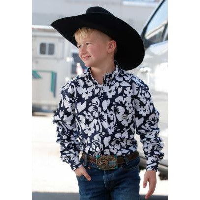 Cinch Boy Long Sleeve Button Down Print Shirt- Navy