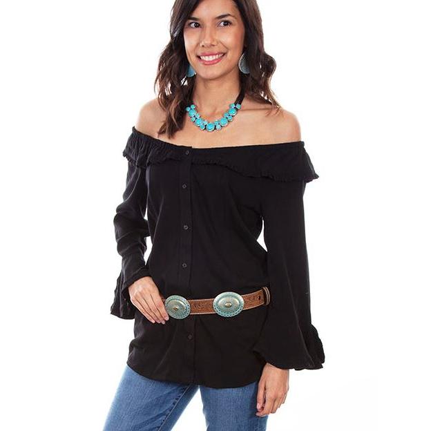 Scully Women's Ruffled Cuff Long Sleeve Shirt- Black