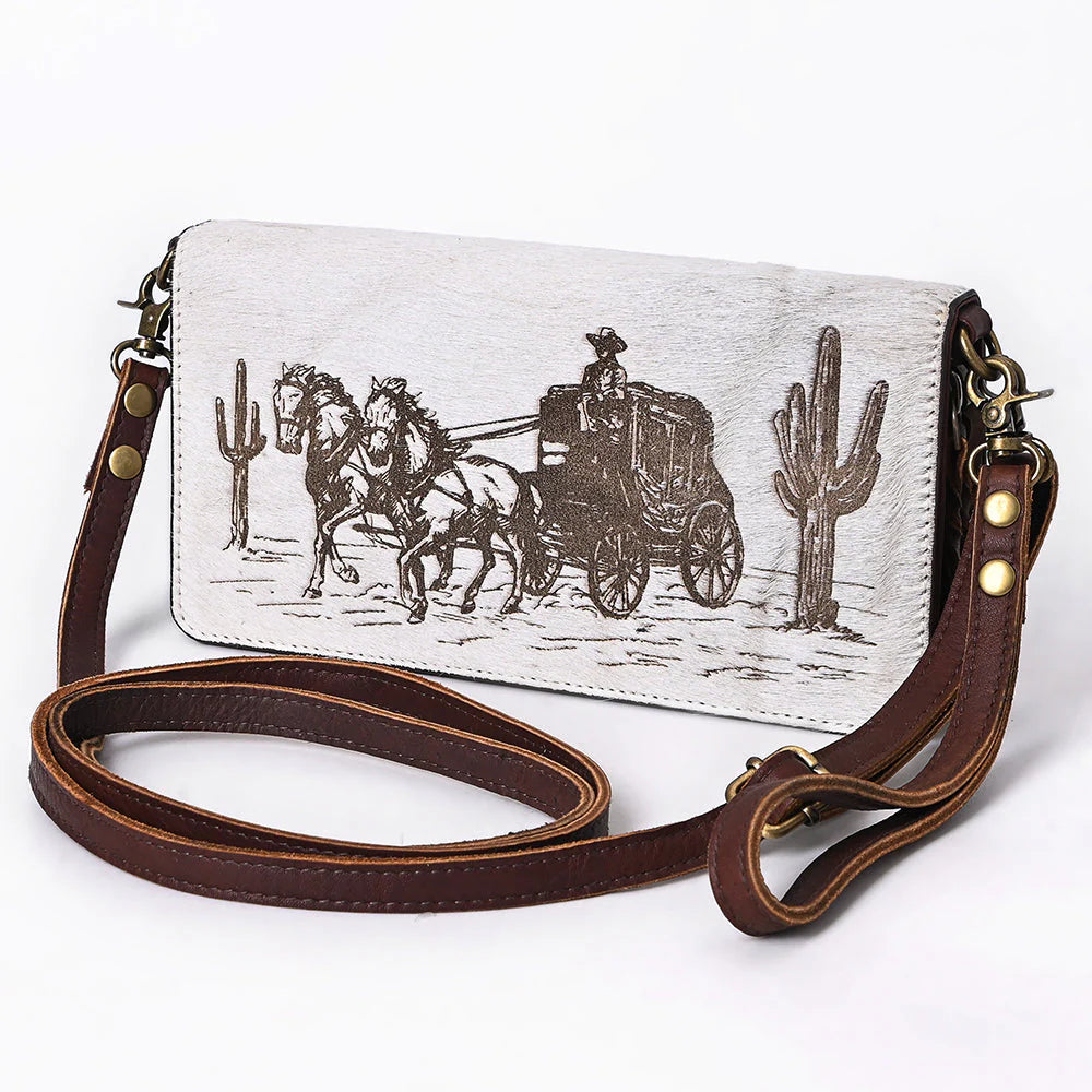 American Darling Hair On Leather Crossbody Purse With Stagecoach Scene