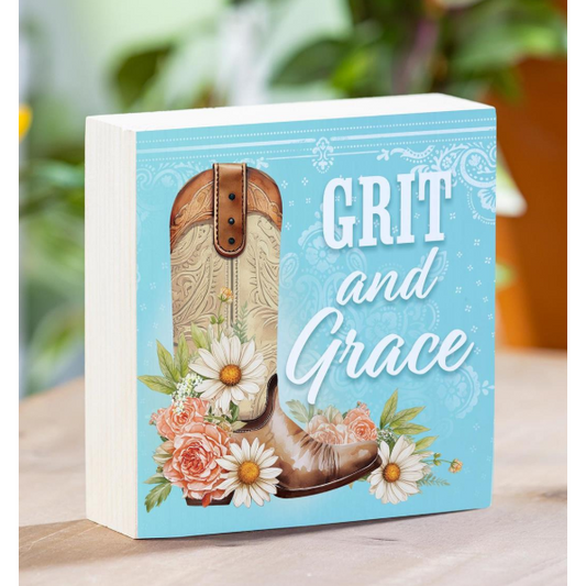 Evergreen Petal & Plow Cowboy Grit & Grace Wood Block Sign-6x6