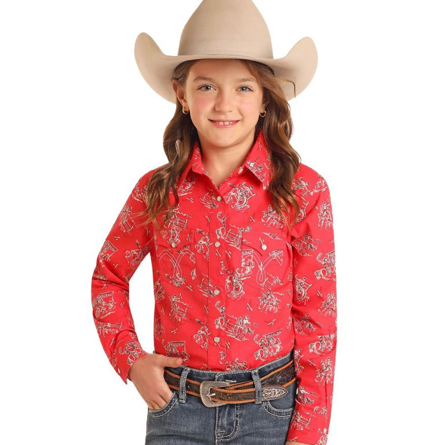 Panhandle Girl's Long Sleeve Print Snap Shirt- Red