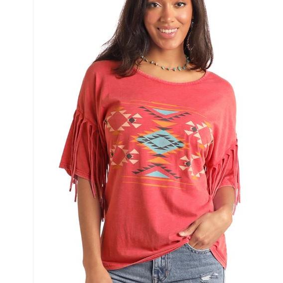 Panhandle Women's Short Sleeve Graphic Tee Shirt with Fringe- Red