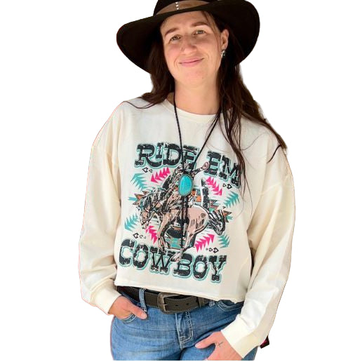 Rock &  Roll   Women's Long Sleeve Ride Em Boxy Pullover - Cream