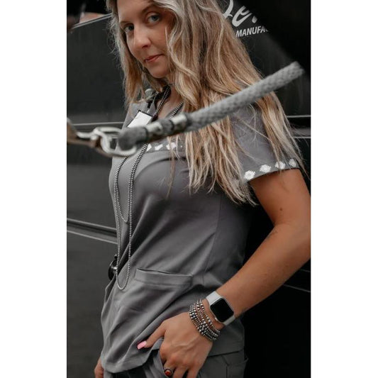 Spurrin' Scrubs Aztec Scrub Top- Grey