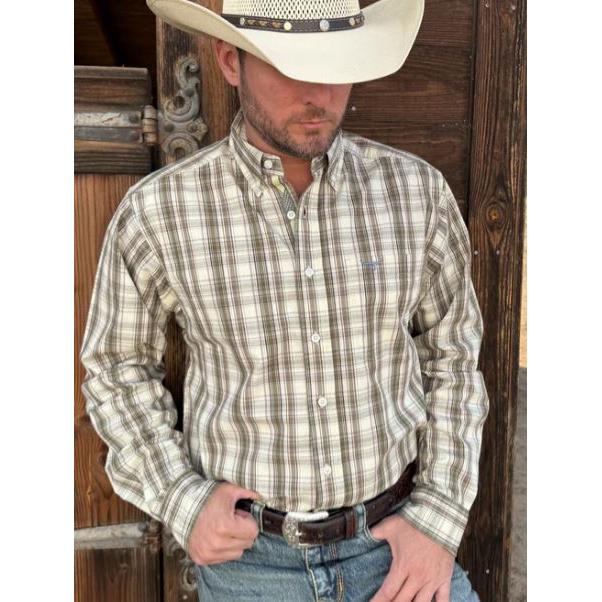 Drover Men's Signature Series  Ruckus Long Sleeve Shirt- Brown/Cream