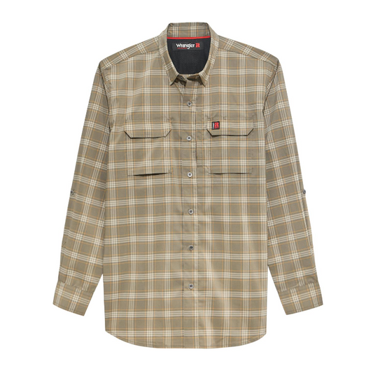 Wrangler Men's Riggs Technical All Season Work Shirt- Dark Khaki Plaid - Irvine Tack & Western Wear