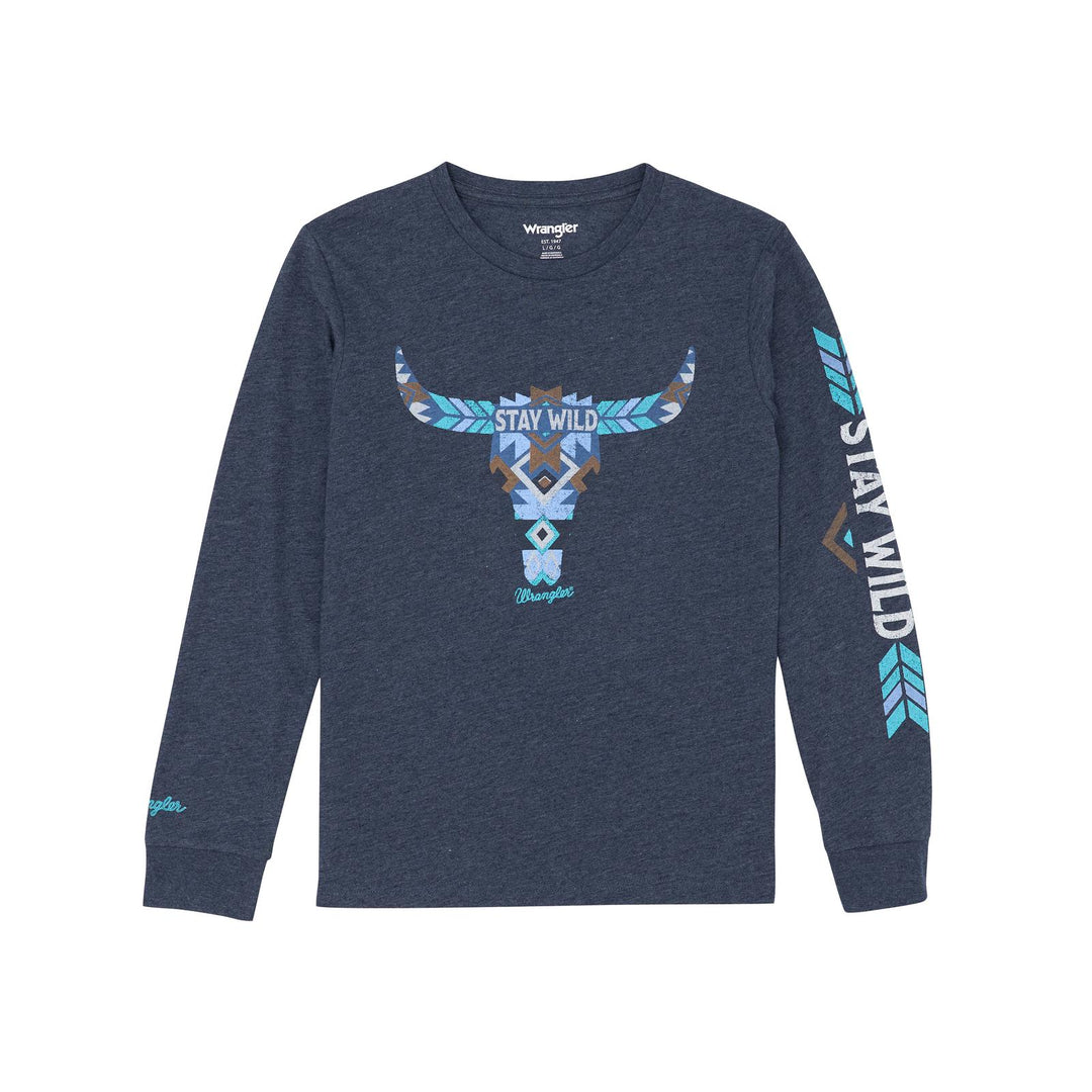 Wrangler Boys Long Sleeve Graphic Tee Shirt- Dark Sapphire Heather