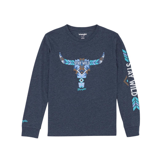 Wrangler Boys Long Sleeve Graphic Tee Shirt- Dark Sapphire Heather