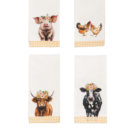 Evergreen Petal & Plow Farm Animal Tea Towel Set of 4