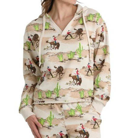 Cruel Girl  Women's Long Sleeve Cowboy Print Hoodie-Cream