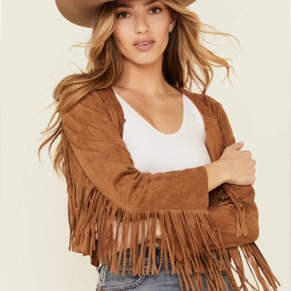 Vocal Apparel Western Cropped Fringe Long Sleeve Jacket- Assorted Colors
