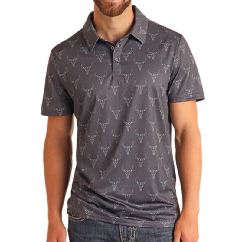 Rock & Roll Men's Longhorn Printed Polo- Charcoal