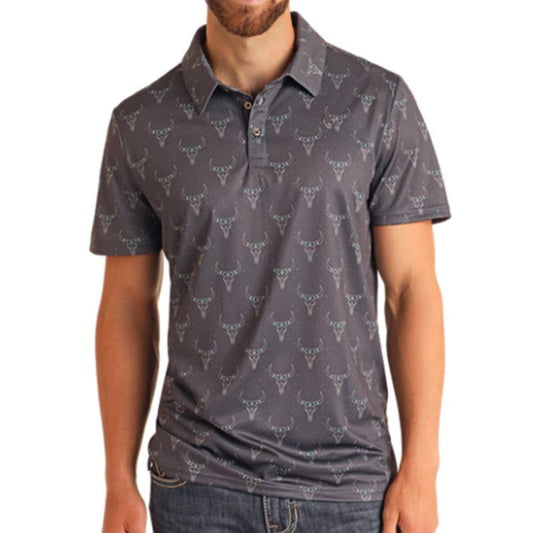 Rock & Roll Men's Longhorn Printed Polo- Charcoal
