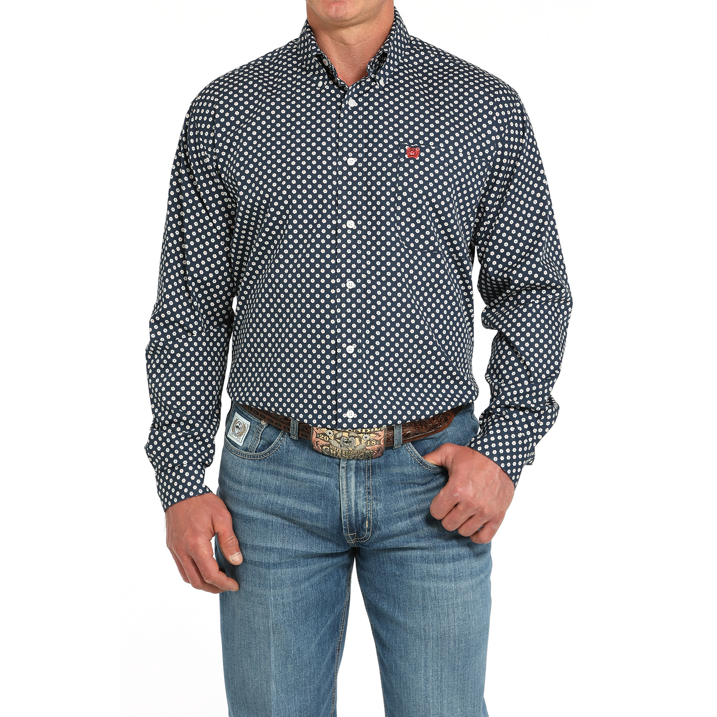 Cinch Men's Long Sleeve Print Shirt-Navy