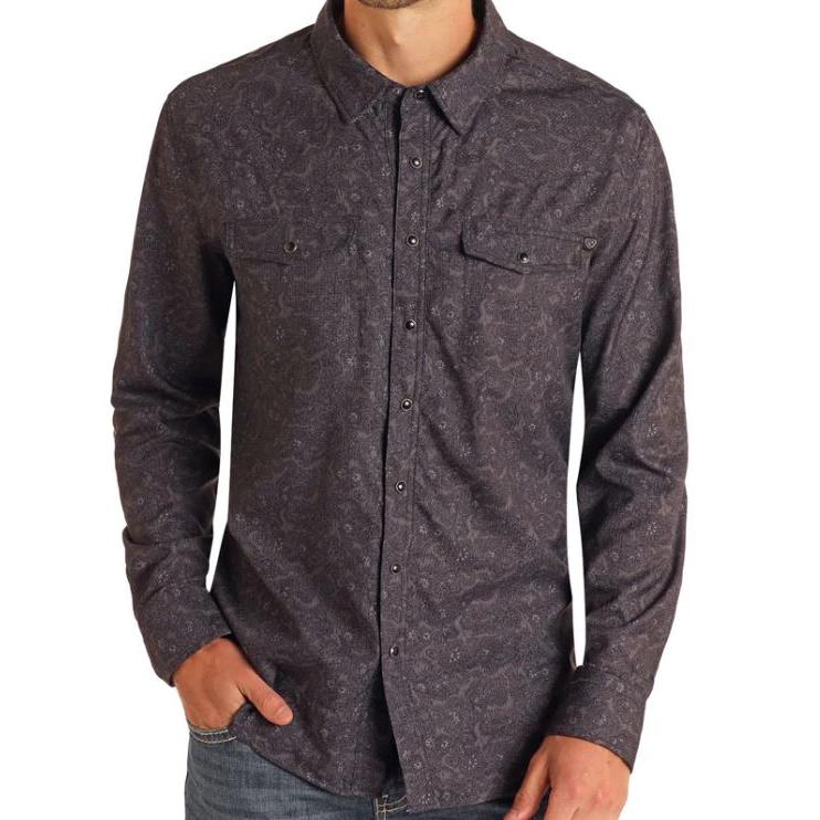 Rock & Roll Men's Paisley Print Long Sleeve Shirt- Charcoal