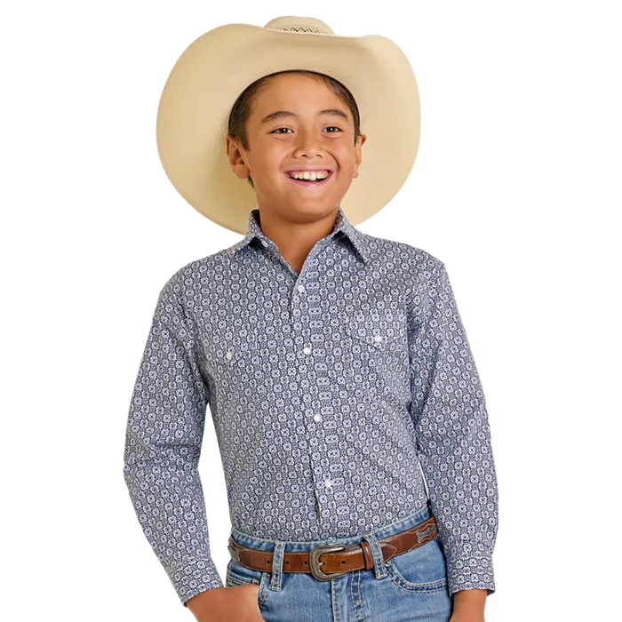 Rock & Roll Boy's Long Sleeve Geometric Print Snap Shirt- Blue