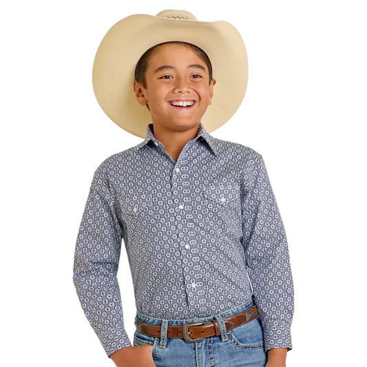 Rock & Roll Boy's Long Sleeve Geometric Print Snap Shirt- Blue