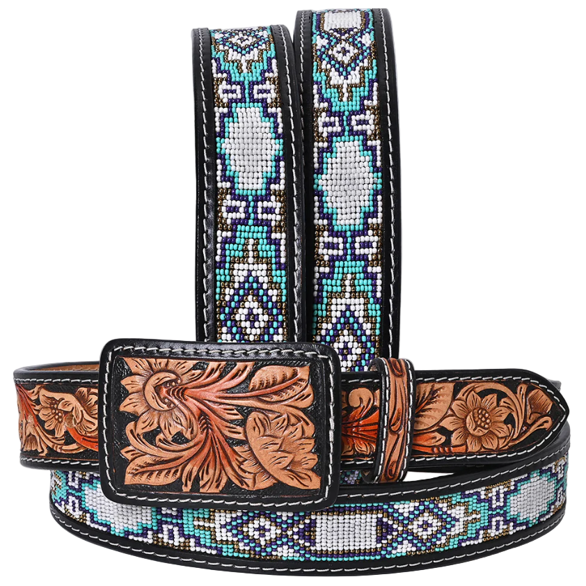 American Darling Navajo Beaded Belt with Tooled Leather Buckle - Irvine Tack &amp; Western Wear