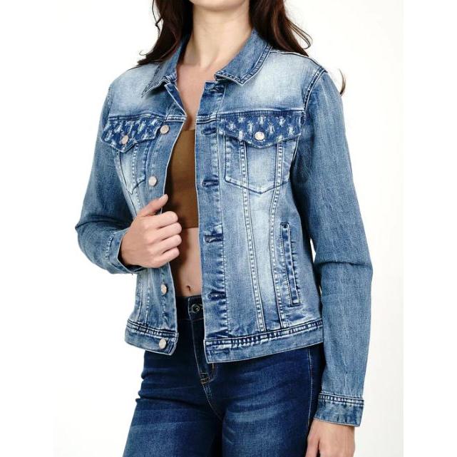Grace in LA Let's Go Cowgirls Embroidered Jean Jacket
