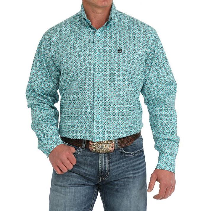 Cinch Men's Long Sleeve Medallion Print  Button Down Western Shirt- Turquoise