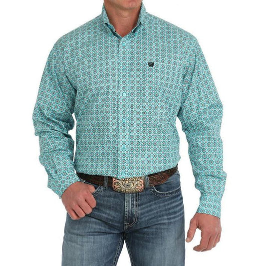 Cinch Men's Long Sleeve Medallion Print  Button Down Western Shirt- Turquoise