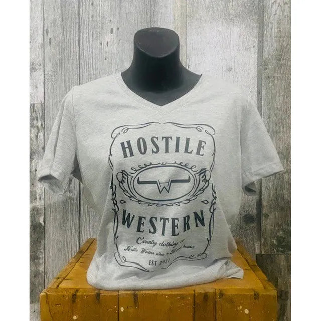 Hostile Western Women's Short Sleeve V Neck Tee Shirt- Grey