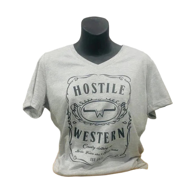 Hostile Western Women's Short Sleeve V Neck Tee Shirt - Grey