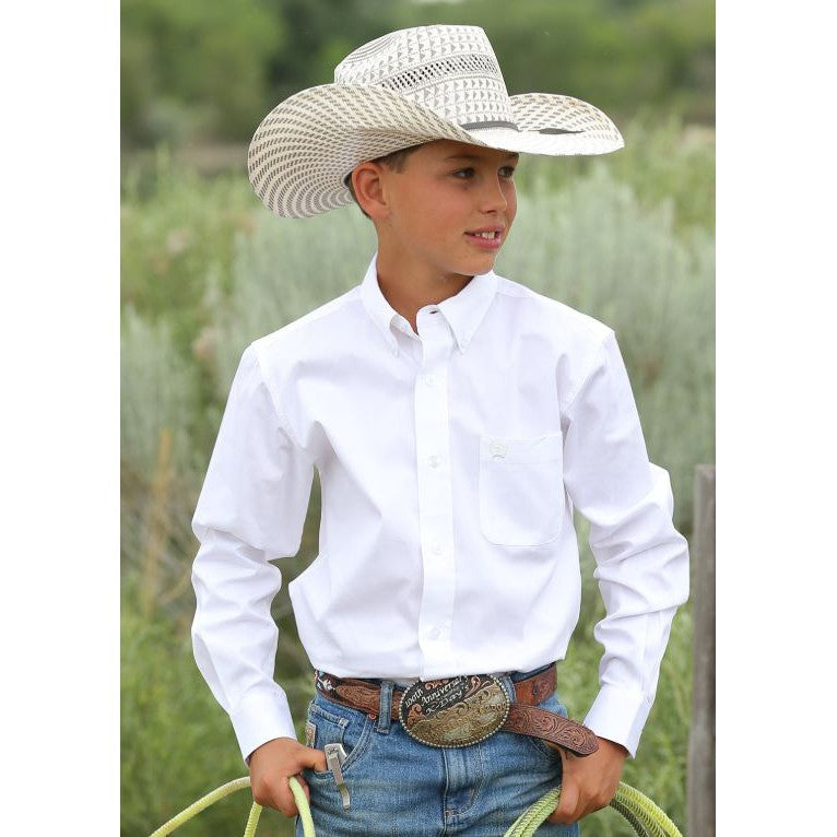 Cinch Boy Long Sleeve Button Down Western Shirt- White