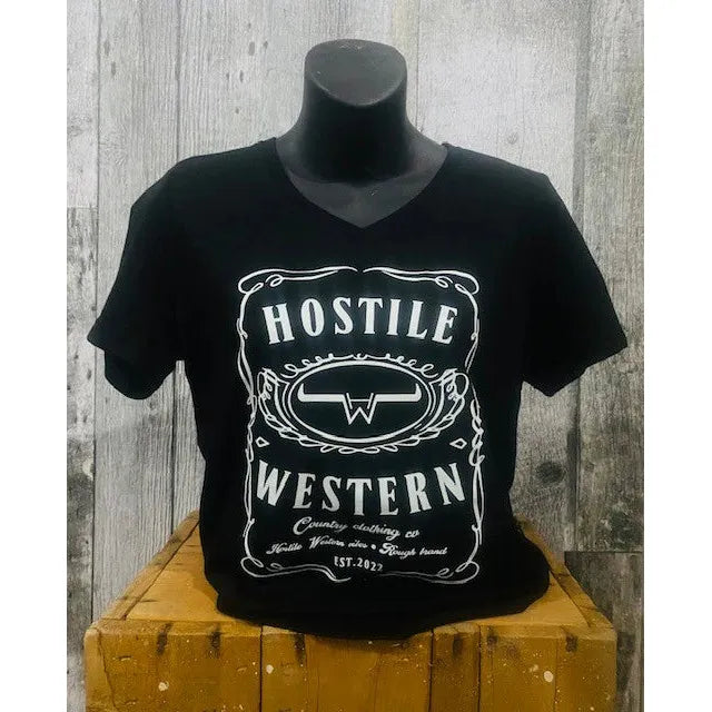 Hostile Western Women's Short Sleeve V Neck Tee Shirt- Black