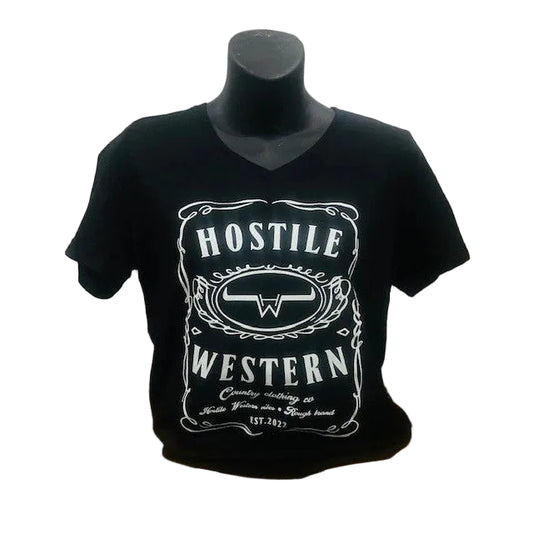 Hostile Western Women's Short Sleeve V Neck Tee Shirt- Black