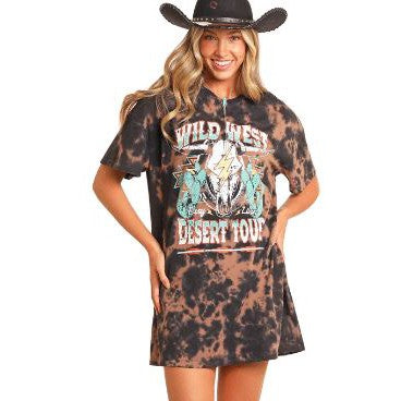 Rock & Roll Women's Wild West Short Sleeve Tee Shirt Dress- Tie Dye Black