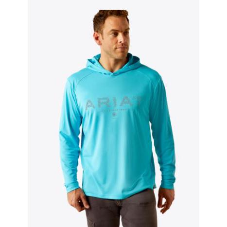Ariat Men's Rebar Long Sleeve Sunblocker Hooded Tee Shirt- Blue Atoll