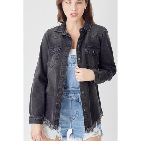 Risen Women's Long Sleeve Frayed Hem Denim Shirt- Black