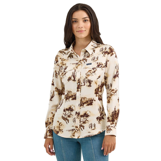 Wrangler Women's Long Sleeve Vintage Snap Shirt- Cream