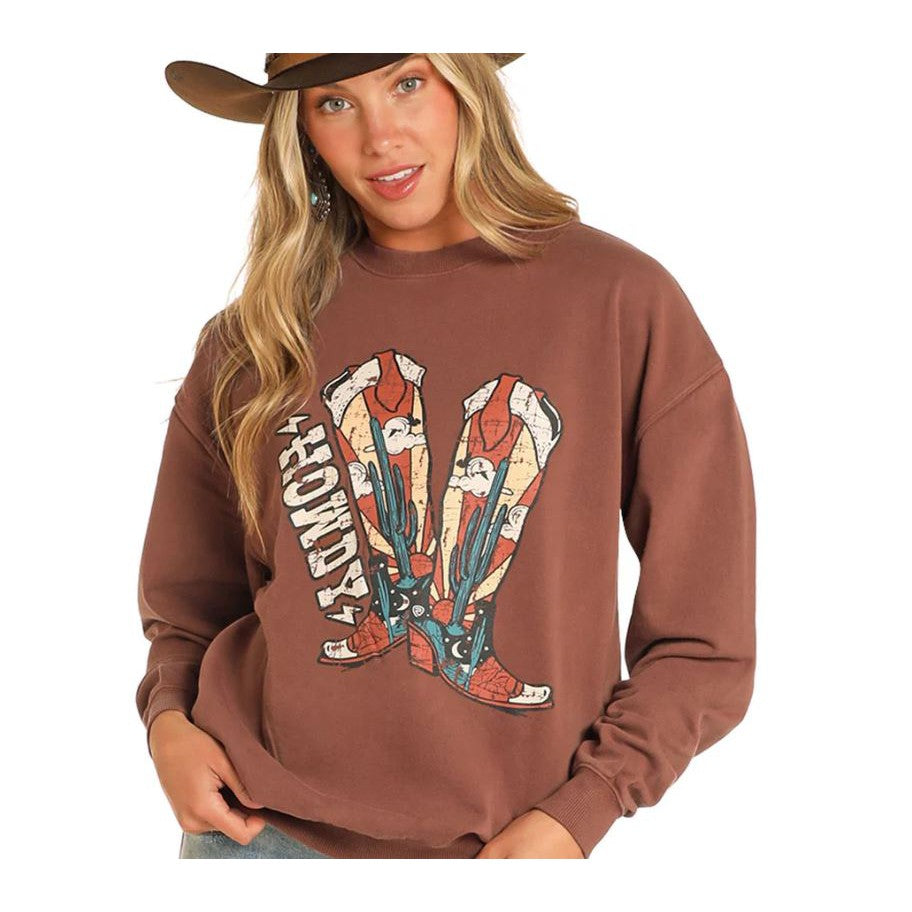 Rock &  Roll   Women's Long Sleeve Howdy Sweatshirt - Chocolate