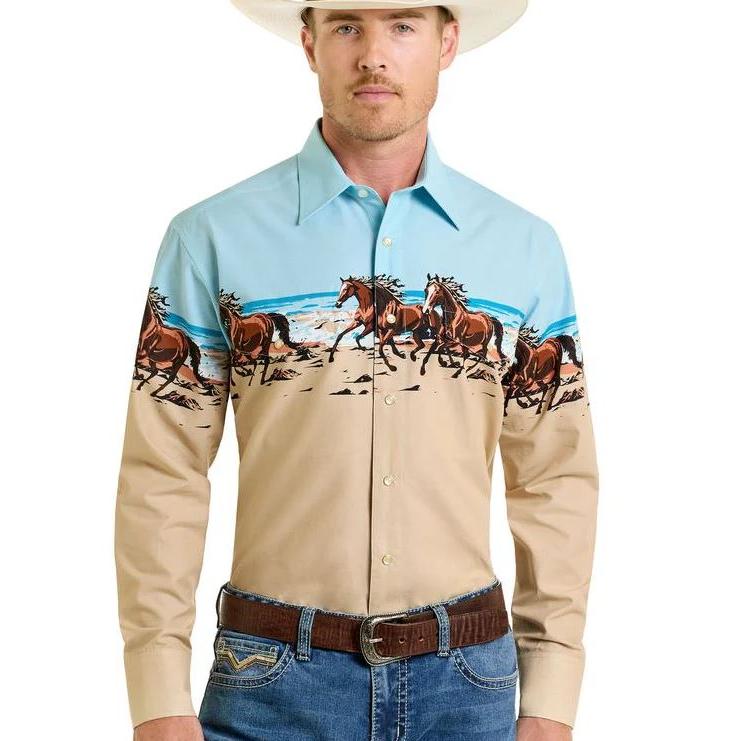 Panhandle Men's Long Sleeve Horses and Beach Border Shirt-Tan
