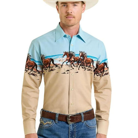 Panhandle Men's Long Sleeve Horses and Beach Border Shirt-Tan