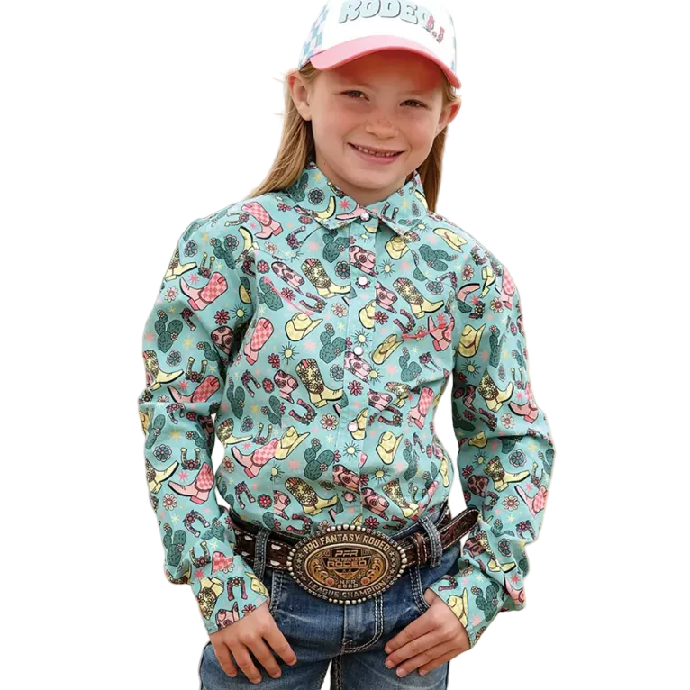 Cinch Girl's Long Sleeve Printed Western Snap Shirt - Light Blue