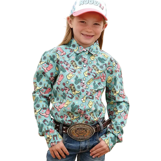 Cinch Girl's Long Sleeve Printed Western Snap Shirt - Light Blue