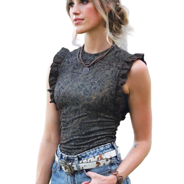 Cinch Women's Ruffled Sleeve Tank Top- Brown