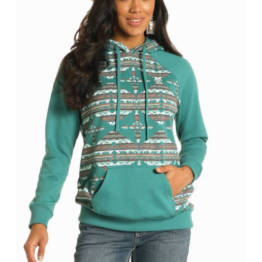 Rock & Roll Women's Contrast Sleeves Hoodie - Teal