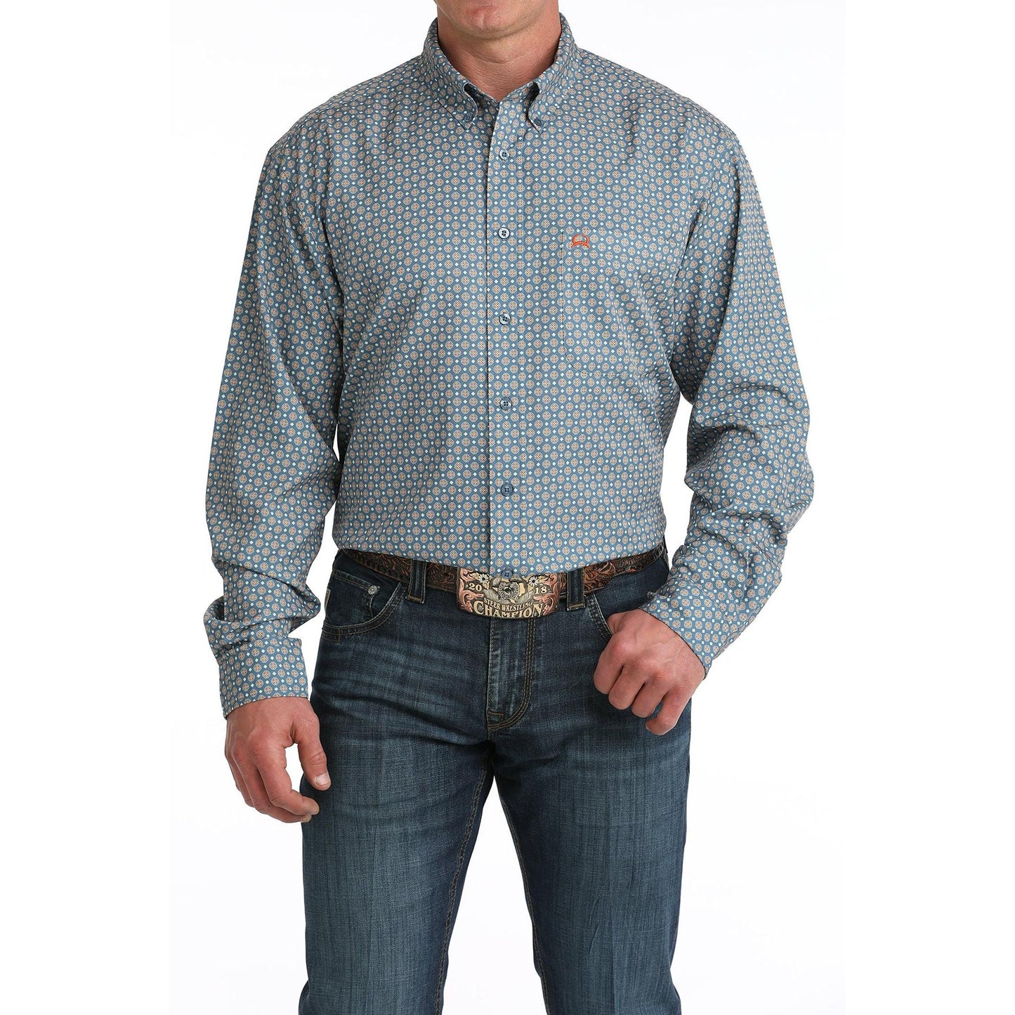 Cinch Men's Long Sleeve Arenaflex  Pattern Western Shirt -Blue