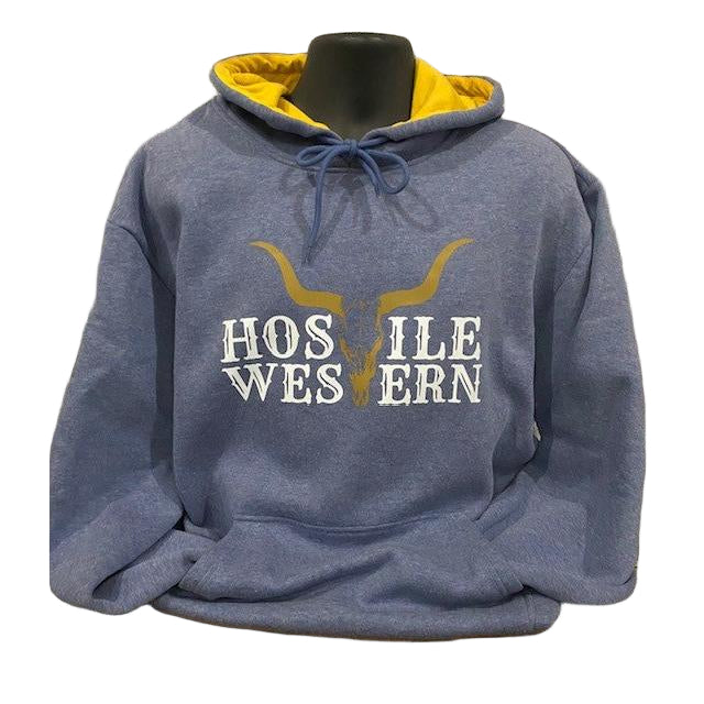 Hostile Western Unisex Long Sleeve Hoodie- Blue/Yellow