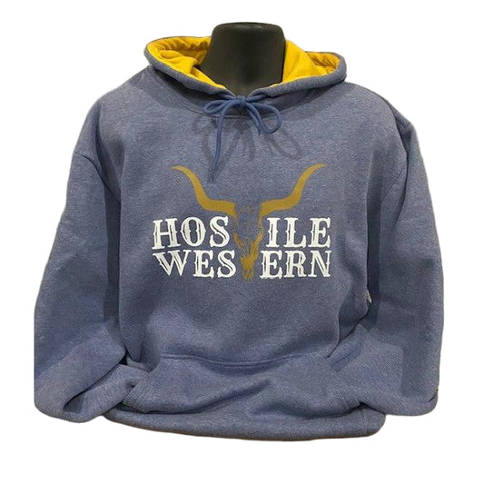 Hostile Western Unisex Long Sleeve Hoodie- Blue/Yellow