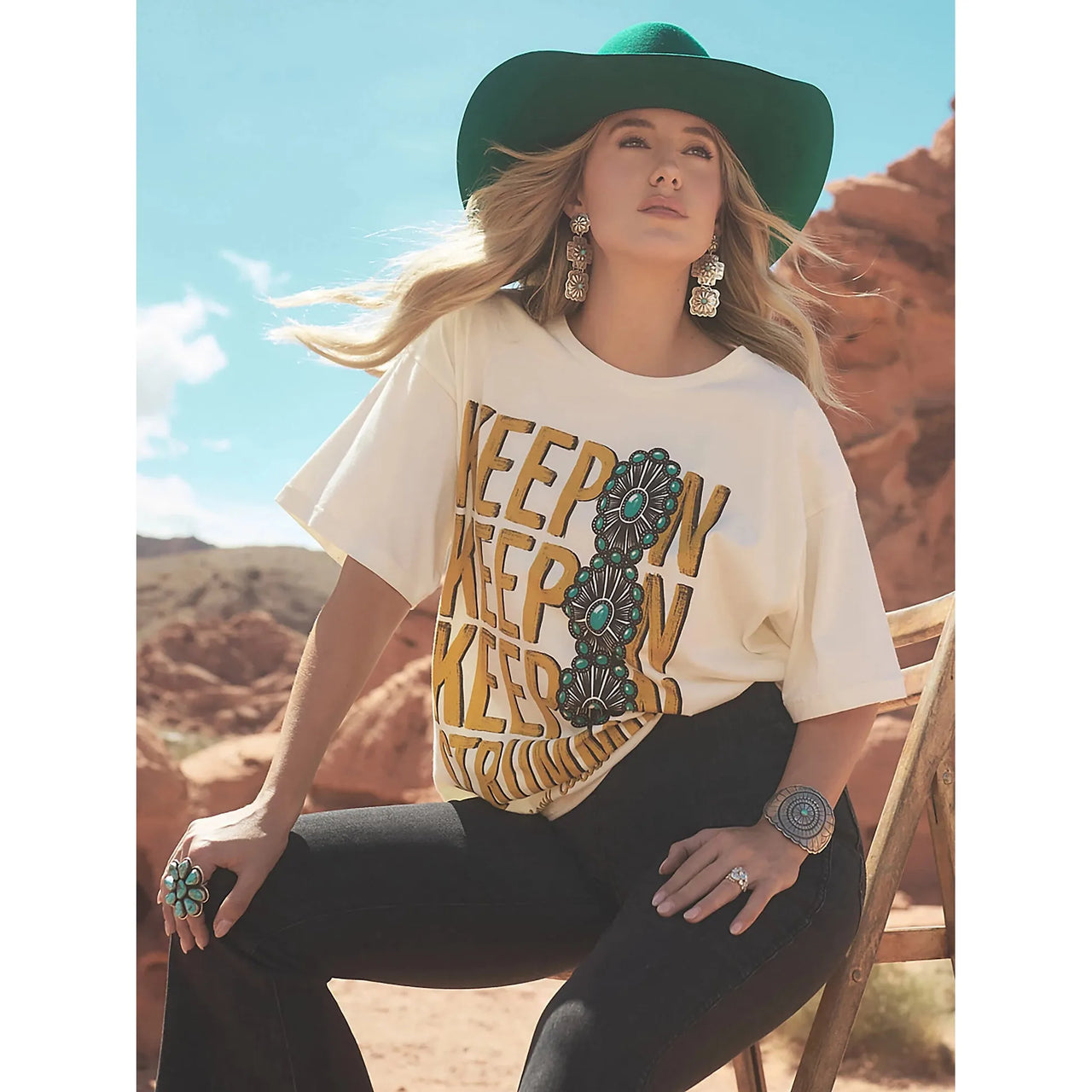Wrangler Women's Lainey Wilson Short Sleeve  Keep On Strummin Oversized Tee Shirt- Cream
