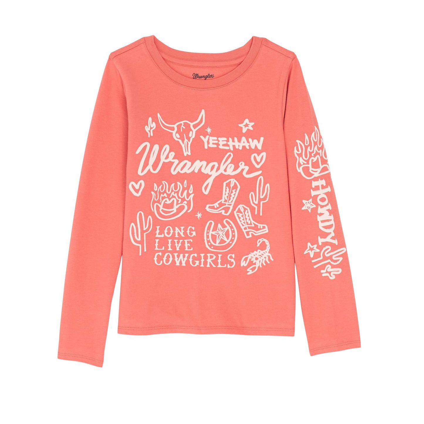 Wrangler Girl's Long Sleeve Graphic Tee Shirt- Coral