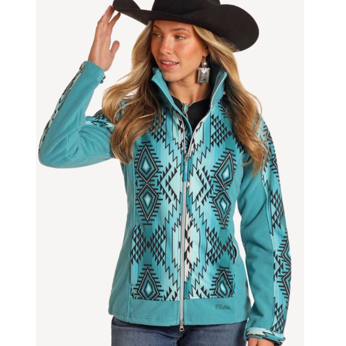 Panhandle Women's Long Sleeve Aztec Printed Softshell Jacket- Turquoise