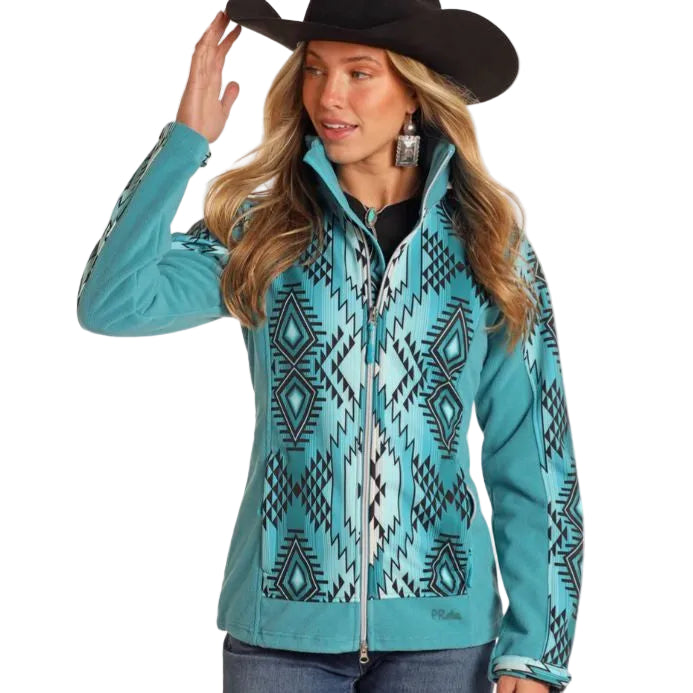 Panhandle Women's Long Sleeve Aztec Printed Softshell Jacket- Turquoise