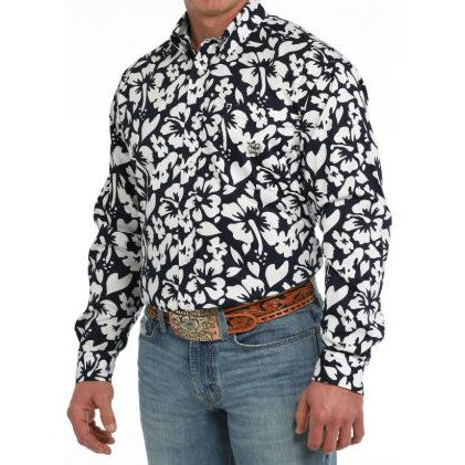 Cinch Men's Long Sleeve Hibiscus Cotton Twill Print Shirt- Navy